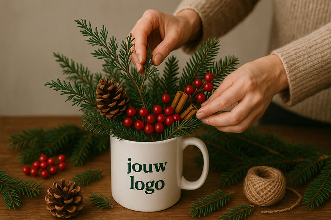 Kerststukje maken met een mok met eigen logo